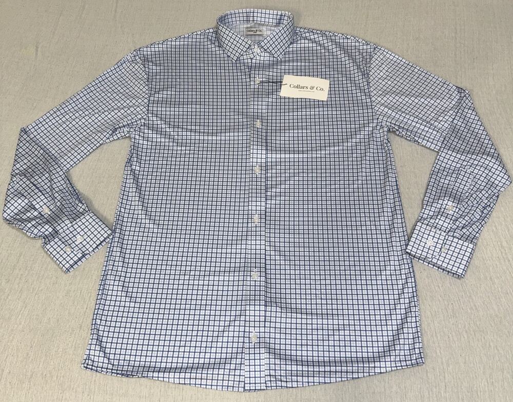 Collars & Co Men Large Blue Checks AOP Long Sleeve Button Up Dress Shirt NWT